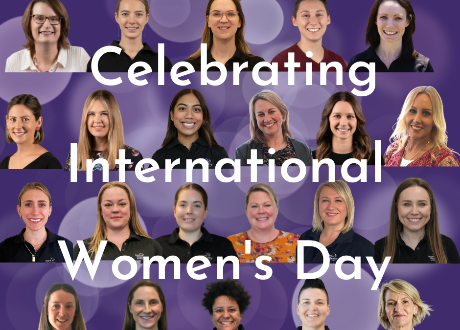 Faces of women who work at Work Healthy Australia behind the words Celebrating International Women's Day