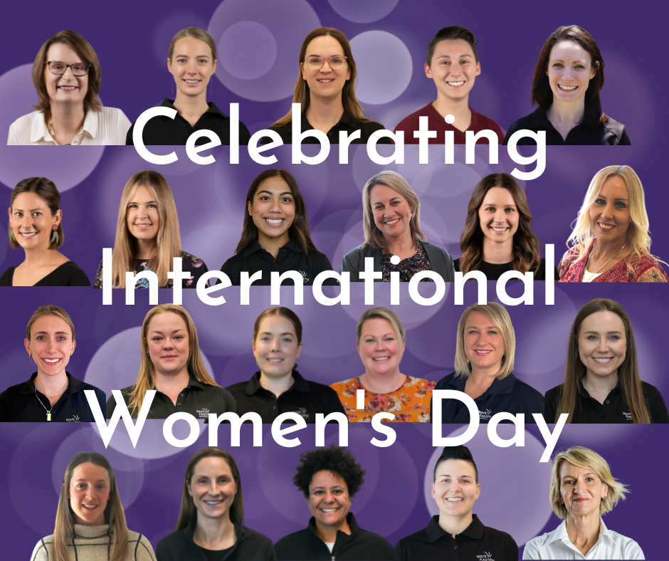 Faces of women who work at Work Healthy Australia behind the words Celebrating International Women's Day