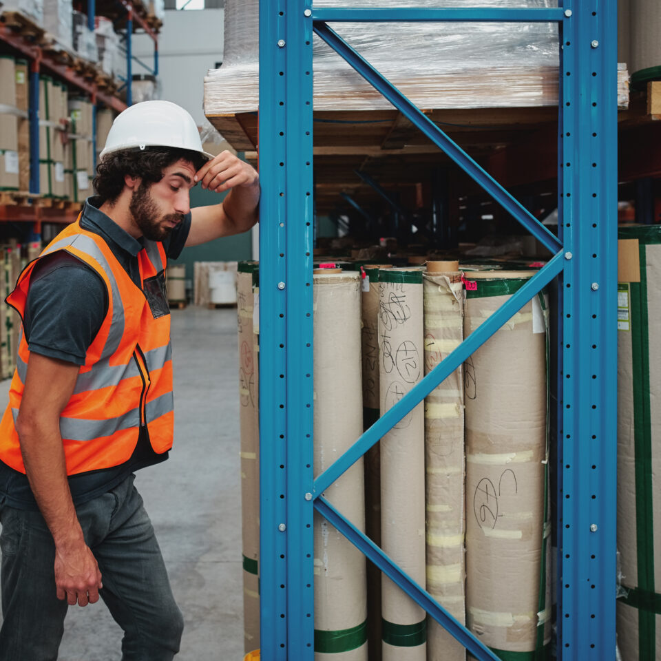 Tired factory worker suffering migraine or headache from COVID or influenza, in a warehouse.