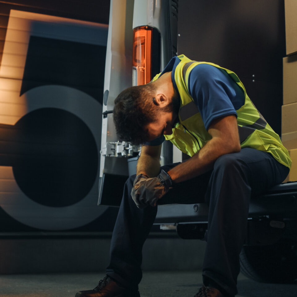 Male Worker Wearing Hard Hat Loads Cardboard Boxes into Delivery Truck, Rests. Online Orders, E-Commerce Goods, Food, Medicine. Tired Overworked Frontline Hero