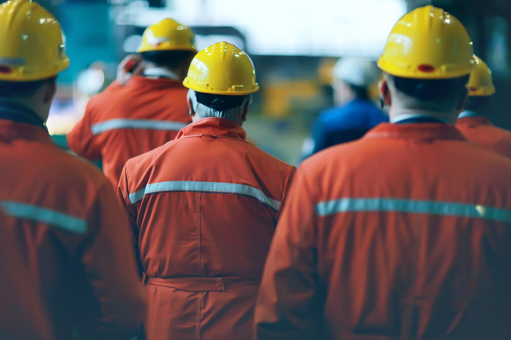 workers helmets at the factory, view from the back, group of workers, change of workers in the factory,