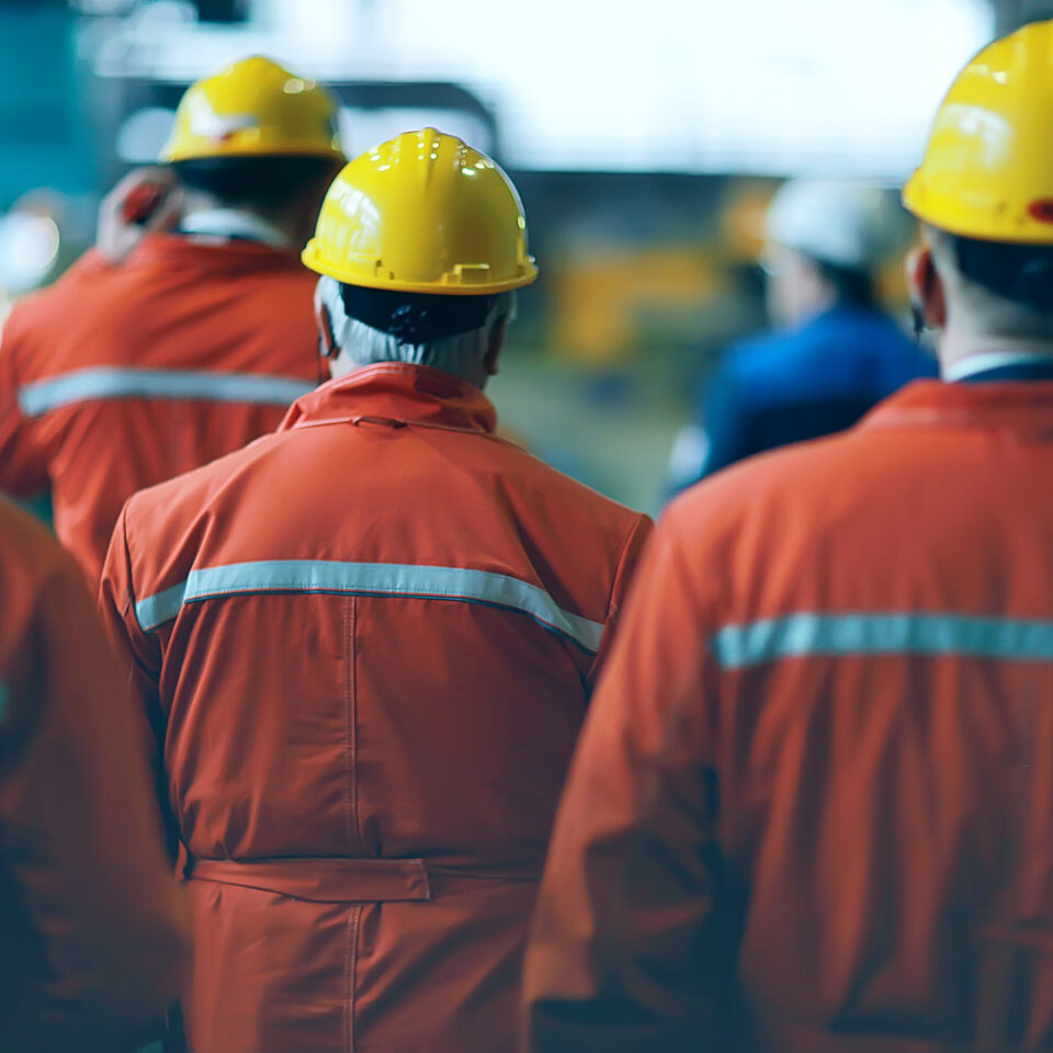 workers helmets at the factory, view from the back, group of workers, change of workers in the factory,