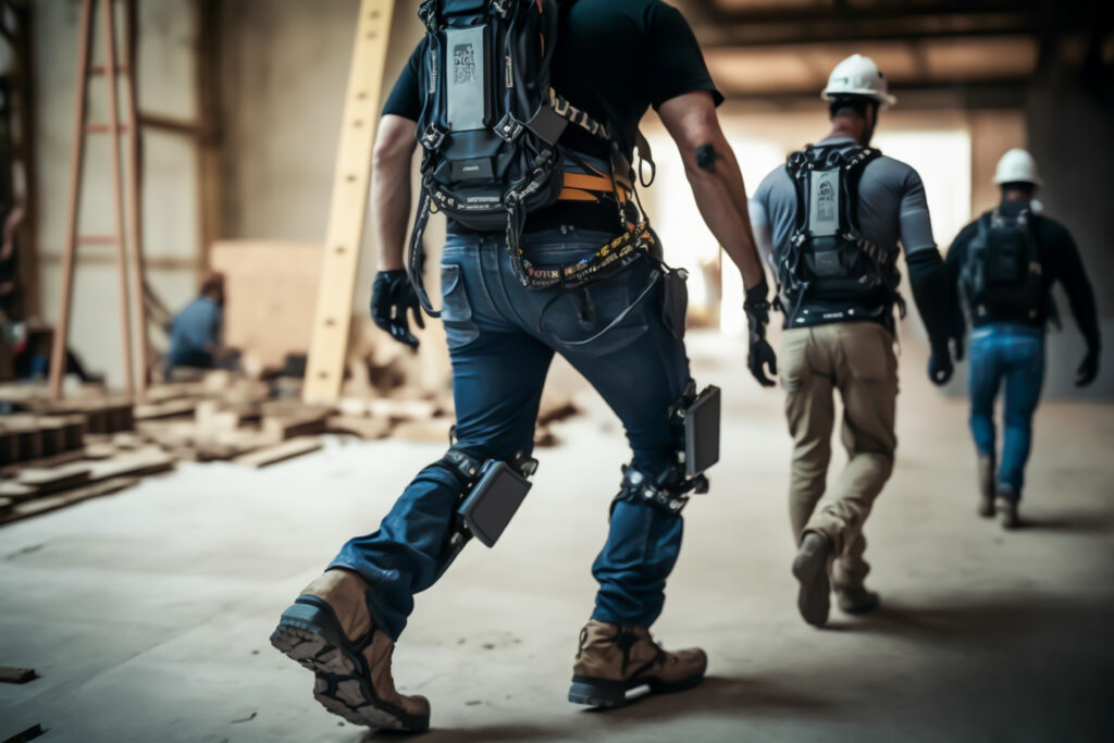 Image of a male construction worker wearing an exoskeleton