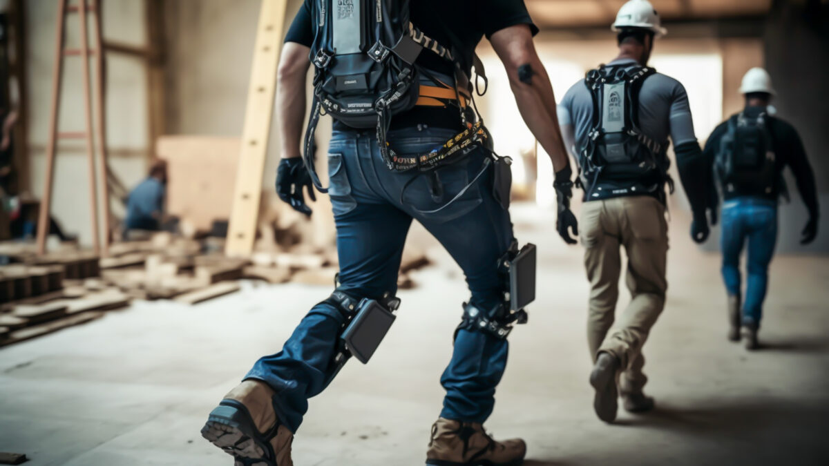 Image of a male construction worker wearing an exoskeleton