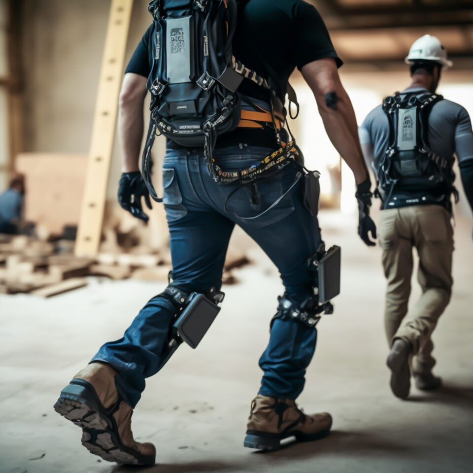 Image of a male construction worker wearing an exoskeleton
