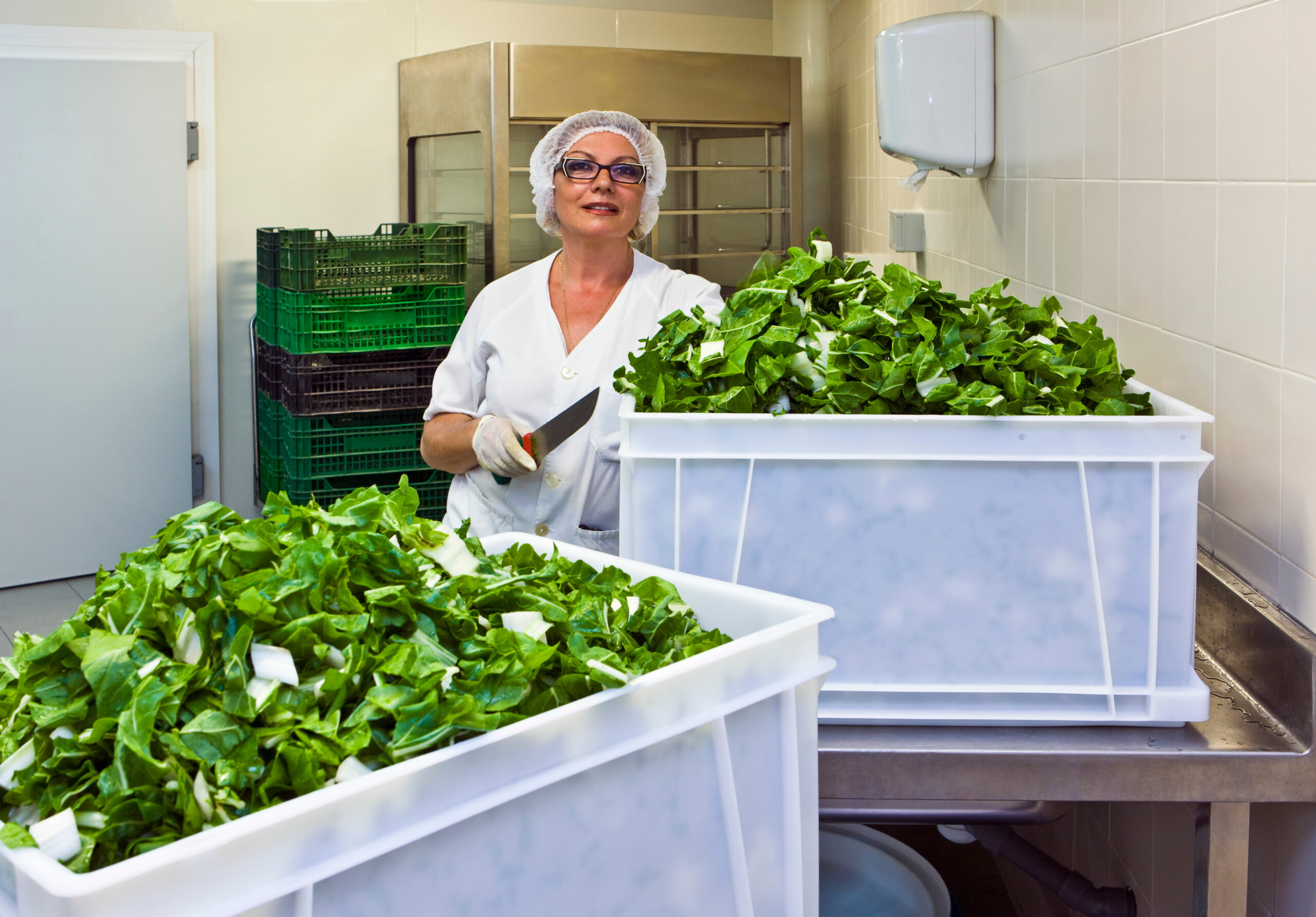 Hospital kitchen worker preparing leafy greens in a clinical food service area, representing the often-overlooked physical demands and injury risks faced by non-clinical healthcare staff.
