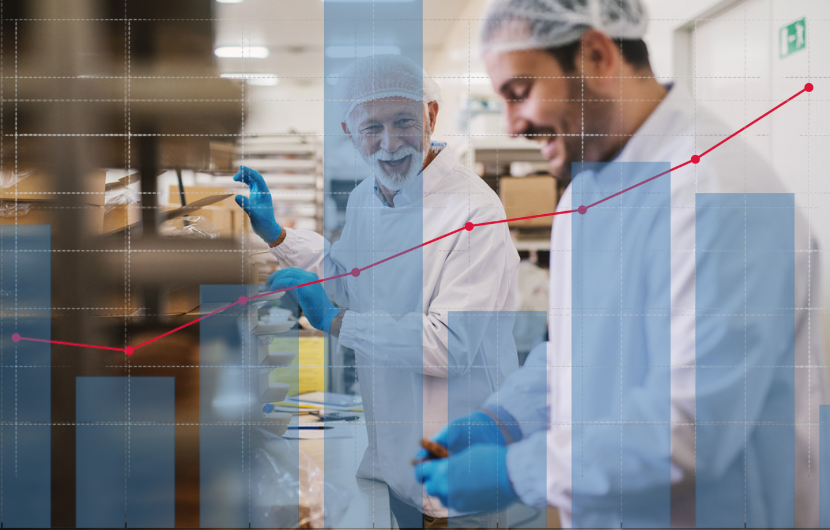 Overlay image of two food production workers, one older and one younger, smiling while working. A transparent bar and line graph is superimposed, illustrating increasing rehabilitation needs over employee length of service.
