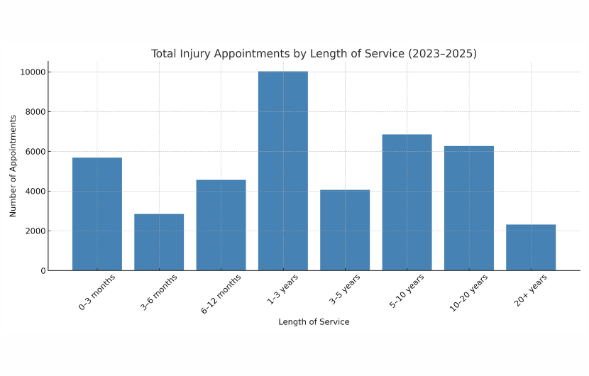 Bar chart showing total injury appointments across employee length of service. The highest number of appointments occurs in the 1–3 years group, followed by 5–10 years and 0–3 months.